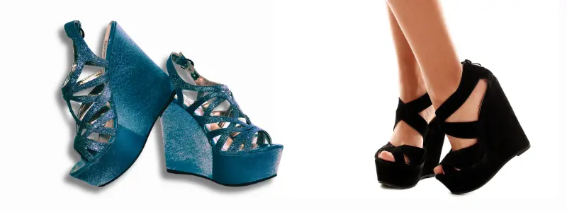 Niebieskie buty na koturnie dla nastolatek i czarne klasyczne koturny unisex